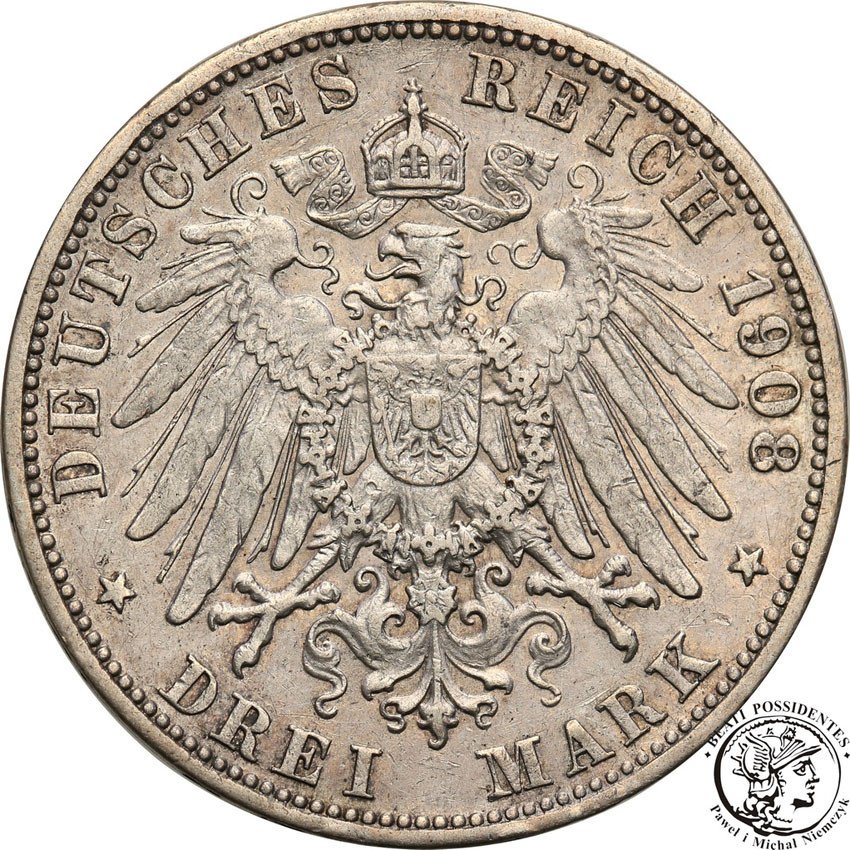 Niemcy, Badenia. 3 marki 1908 G